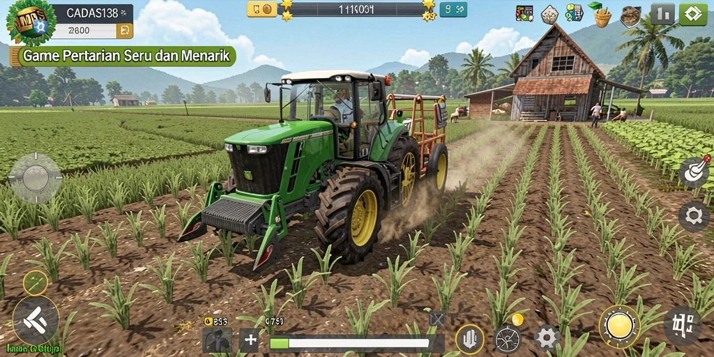 Screenshot menunjukkan pemain mengelola lahan pertanian dengan beragam tanaman.
