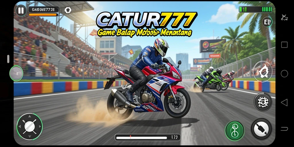 Screenshot gameplay CATUR777 menunjukkan aksi balapan motor yang seru.