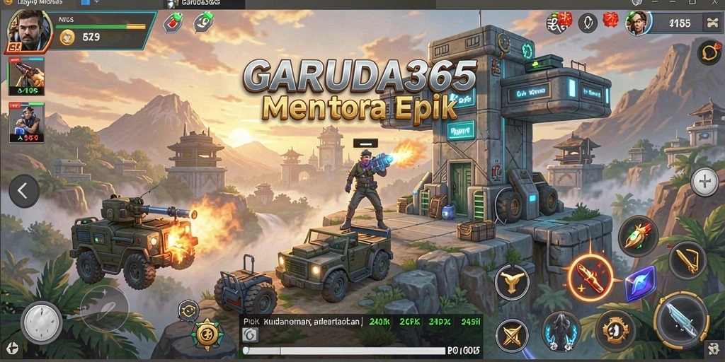 Screenshot GARUDA365 menampilkan aksi menara bertahan melawan gelombang musuh.