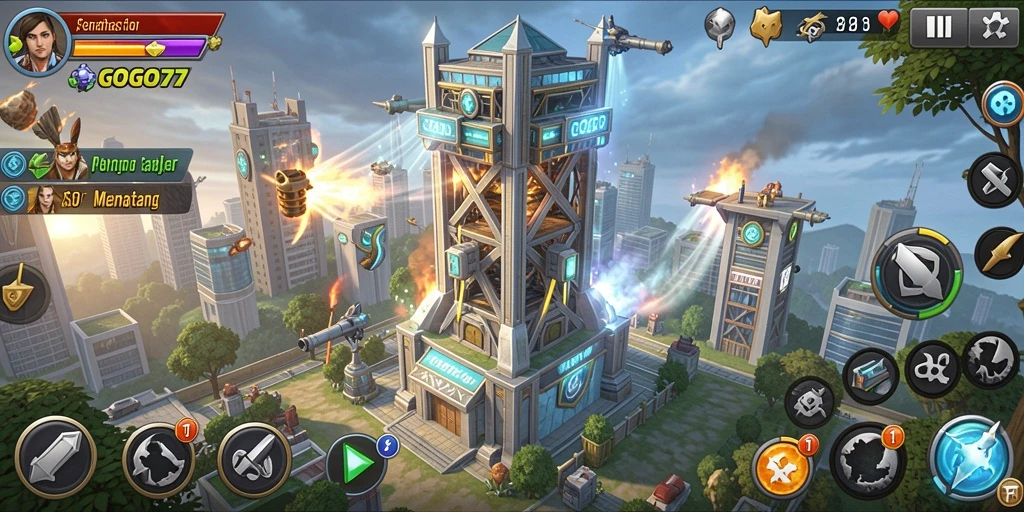 Tampilan gameplay menegangkan GOGO77 dalam Tower Defense.