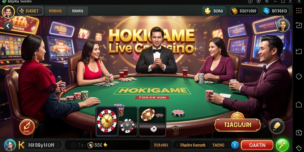 Tampilan gameplay HOKIGAME dengan dealer langsung dan meja permainan yang menarik.