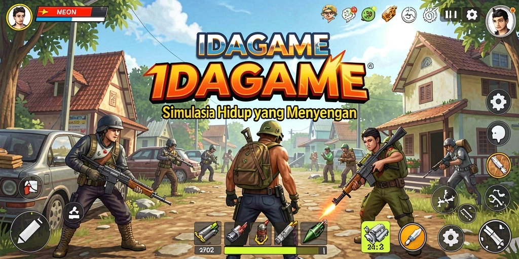 Tampilan utama gameplay IDAGAME dengan karakter yang berinteraksi.