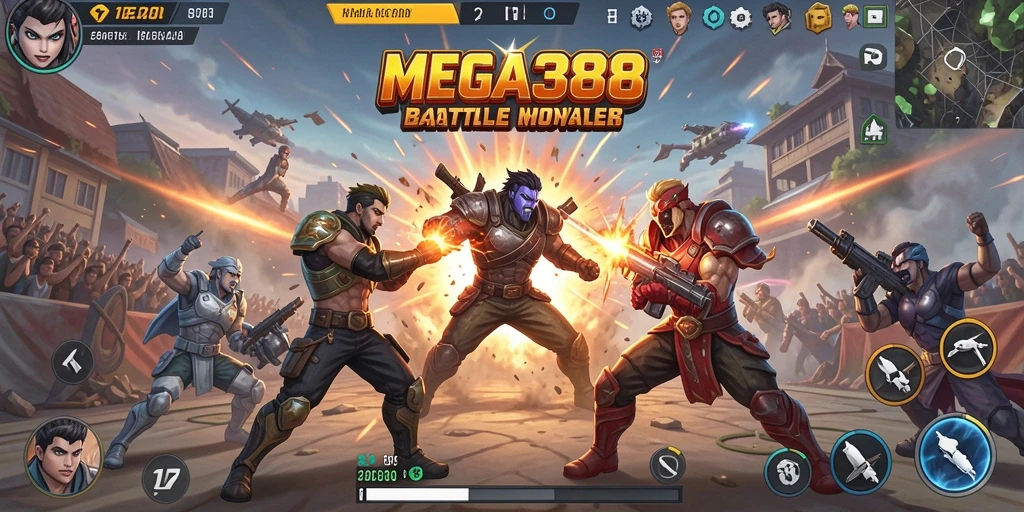 Tangkapan layar utama MEGA388 menampilkan aksi pertarungan Battle Royale yang seru.