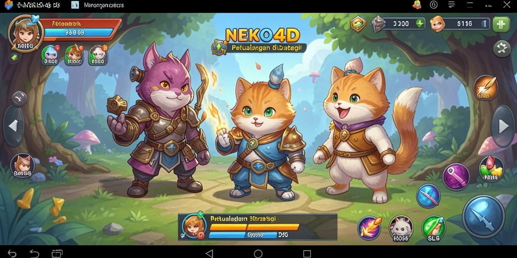 Tampilan gameplay <strong>NEKO4D</strong> dengan pertempuran kucing strategis.