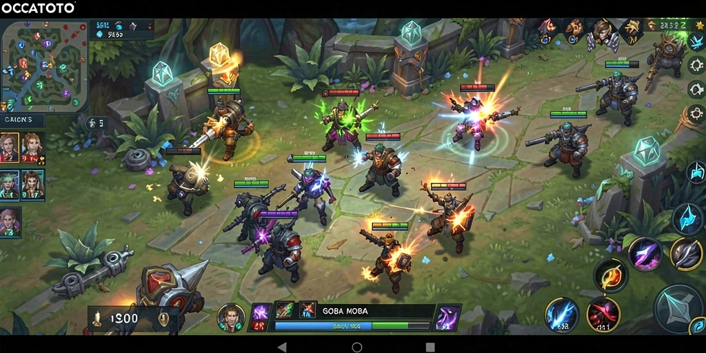 Screenshot gameplay OCATOTO menampilkan pertarungan epik dalam arena MOBA.