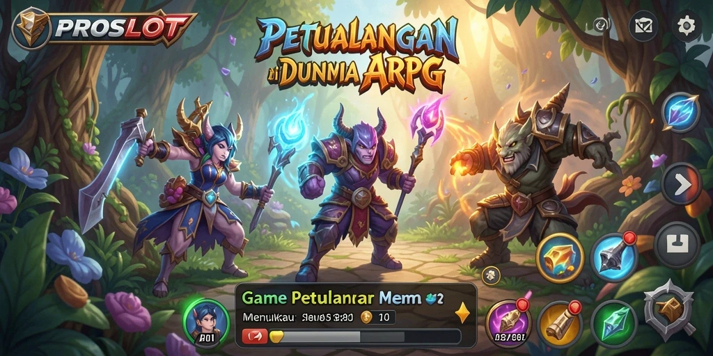 Screenshot PROSLOT menampilkan aksi pertempuran seru dalam dunia ARPG yang penuh warna.