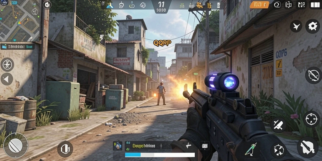 Gameplay intens QQRP dengan pertempuran FPS yang mendebarkan.