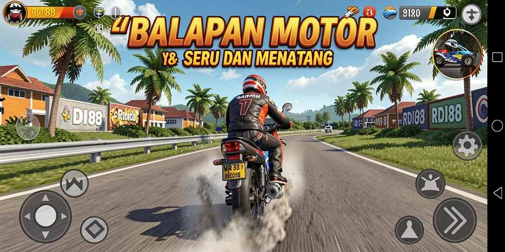 Screenshot gameplay RDI88 menampilkan adu balap motor yang intens dan grafis menawan.