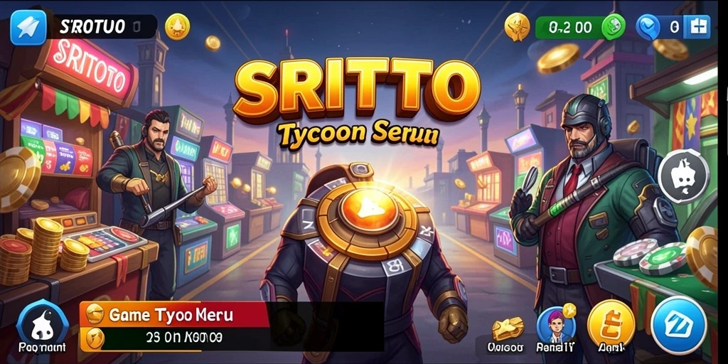 Screenshot menunjukkan gameplay SRITOTO dengan berbagai opsi bisnis.