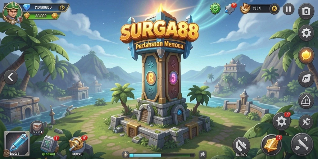 Screenshot menampilkan aksi pertahanan menara yang seru dalam SURGA88.