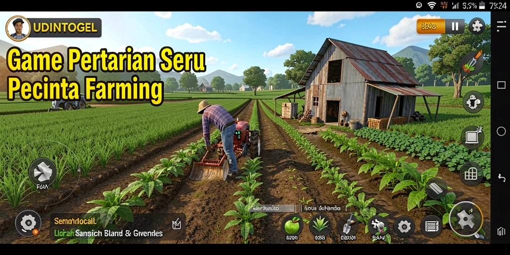 Tampilan gameplay menarik UDINTOGEL dengan suasana pertanian yang hidup.