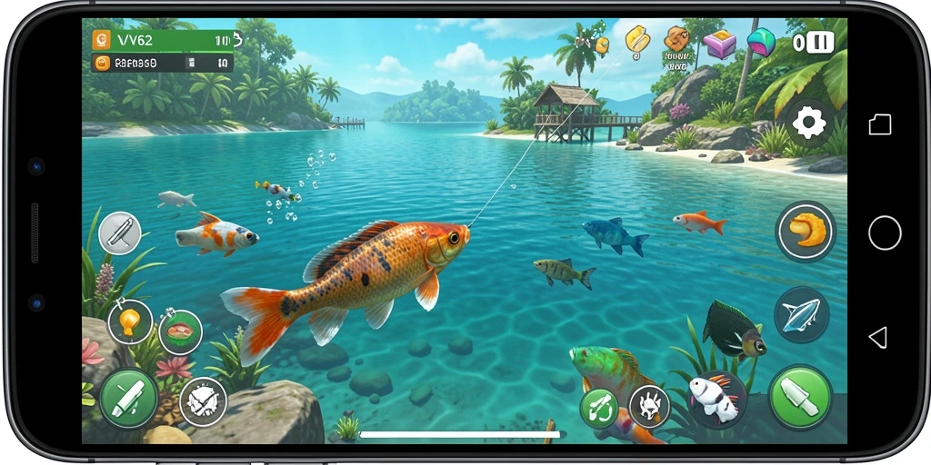 Screenshot gameplay <strong>VV62</strong> yang menampilkan keseruan saat memancing.
